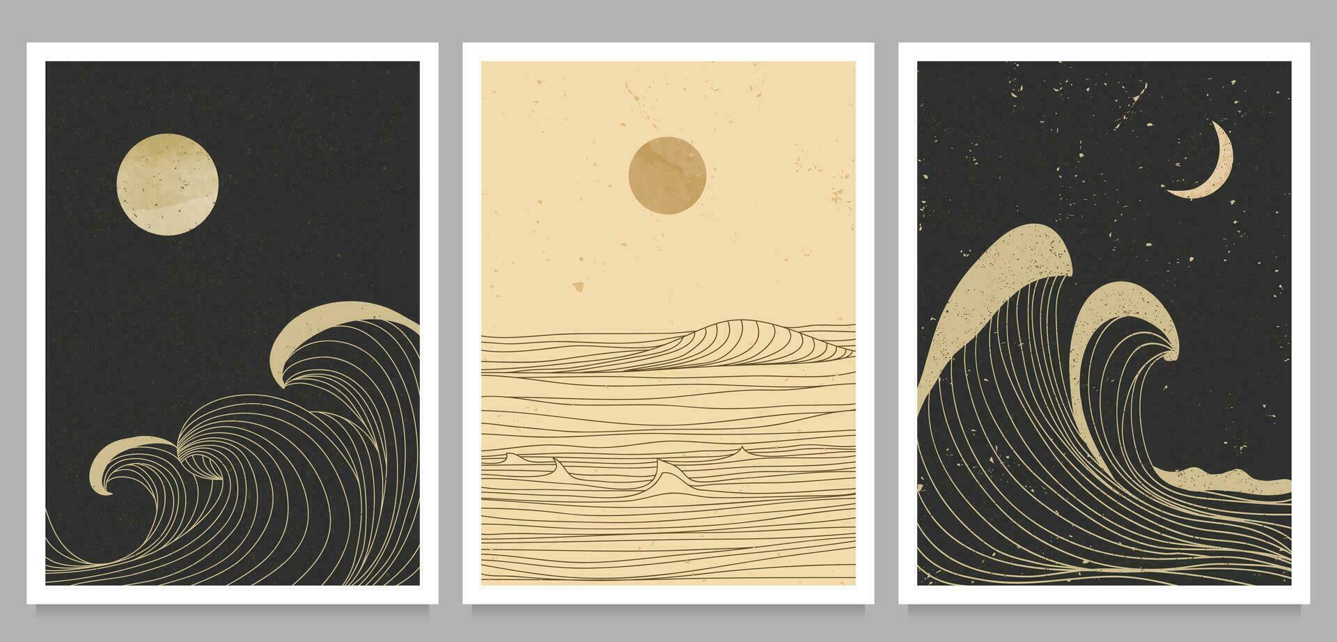 Ocean wave landscape on set. Creative minimalist modern line art print. Abstract contemporary aesthetic backgrounds landscapes. with Ocean wave, sea and sunset. vector illustrations