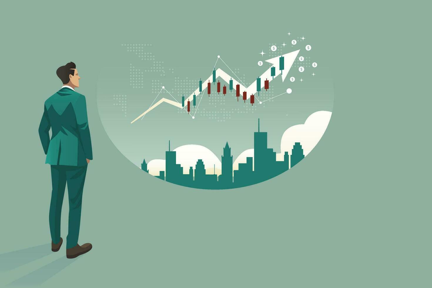 Business arrow concept with businessman contemplate to be success. grow chart up increase profit sales and investment. background vector