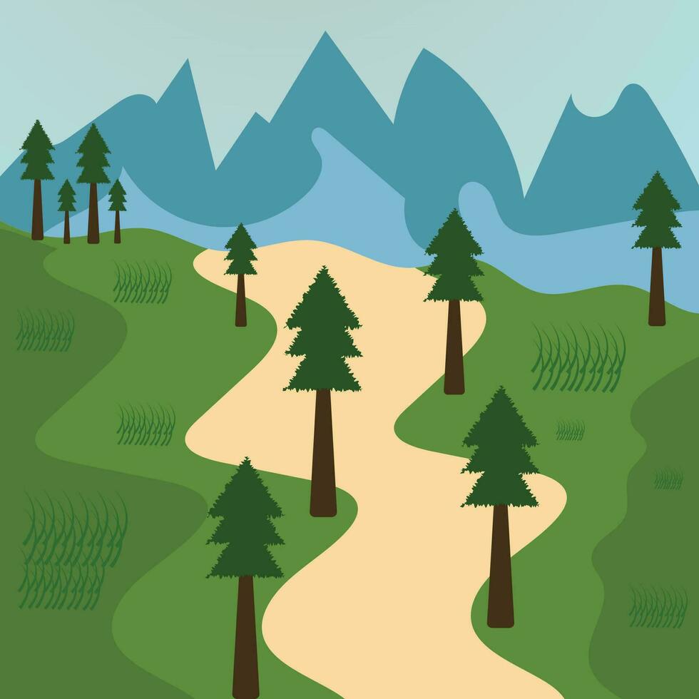 A green landscape with a road leading to a mountain range. vector