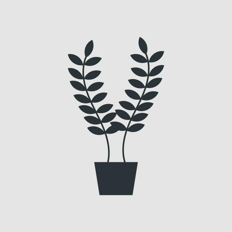 A plant pot with leaves in black on a gray background vector