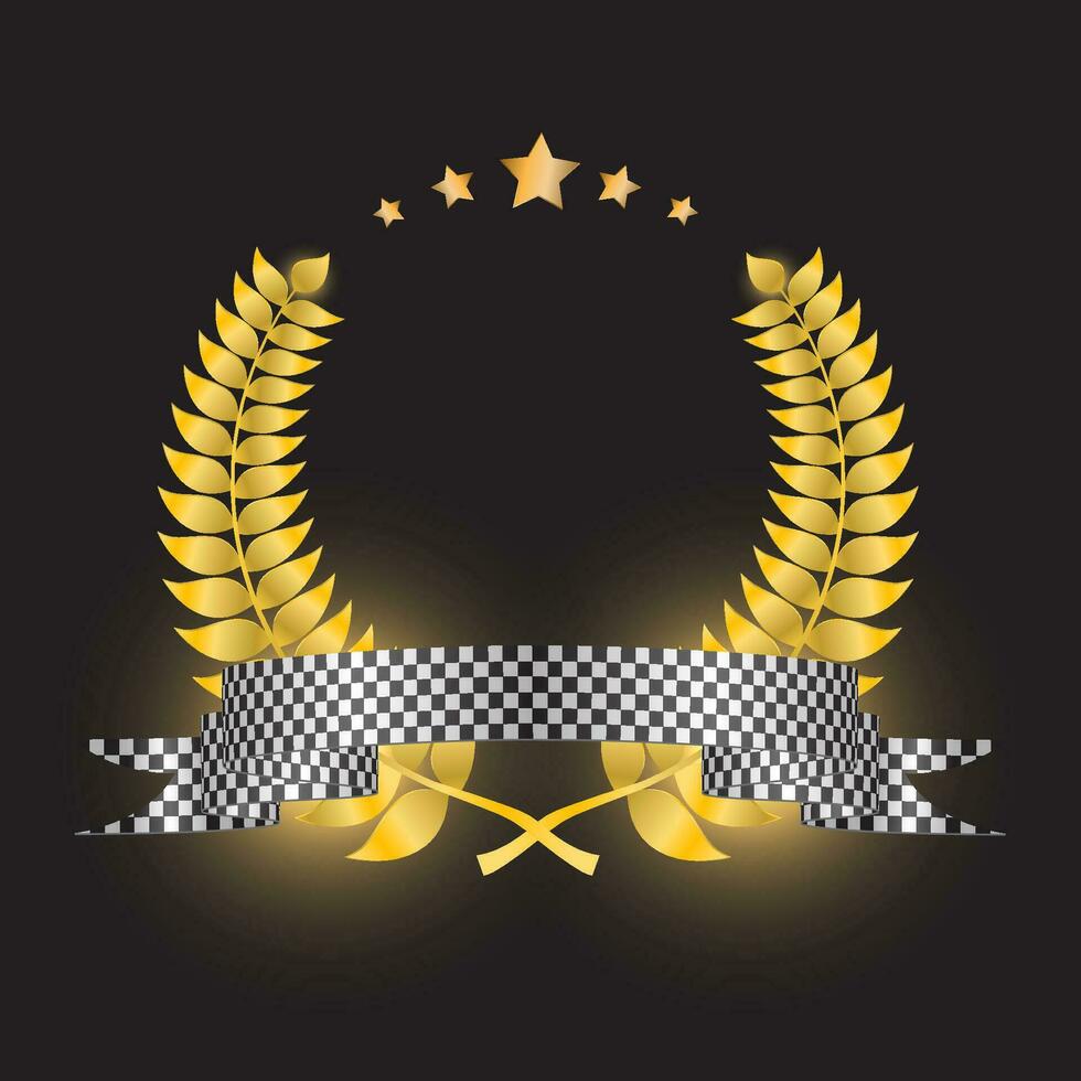 gold award with laurel wreath and racing flag ribbon. Vector golden symbol of victory, achievement, success, rewarding of winner.