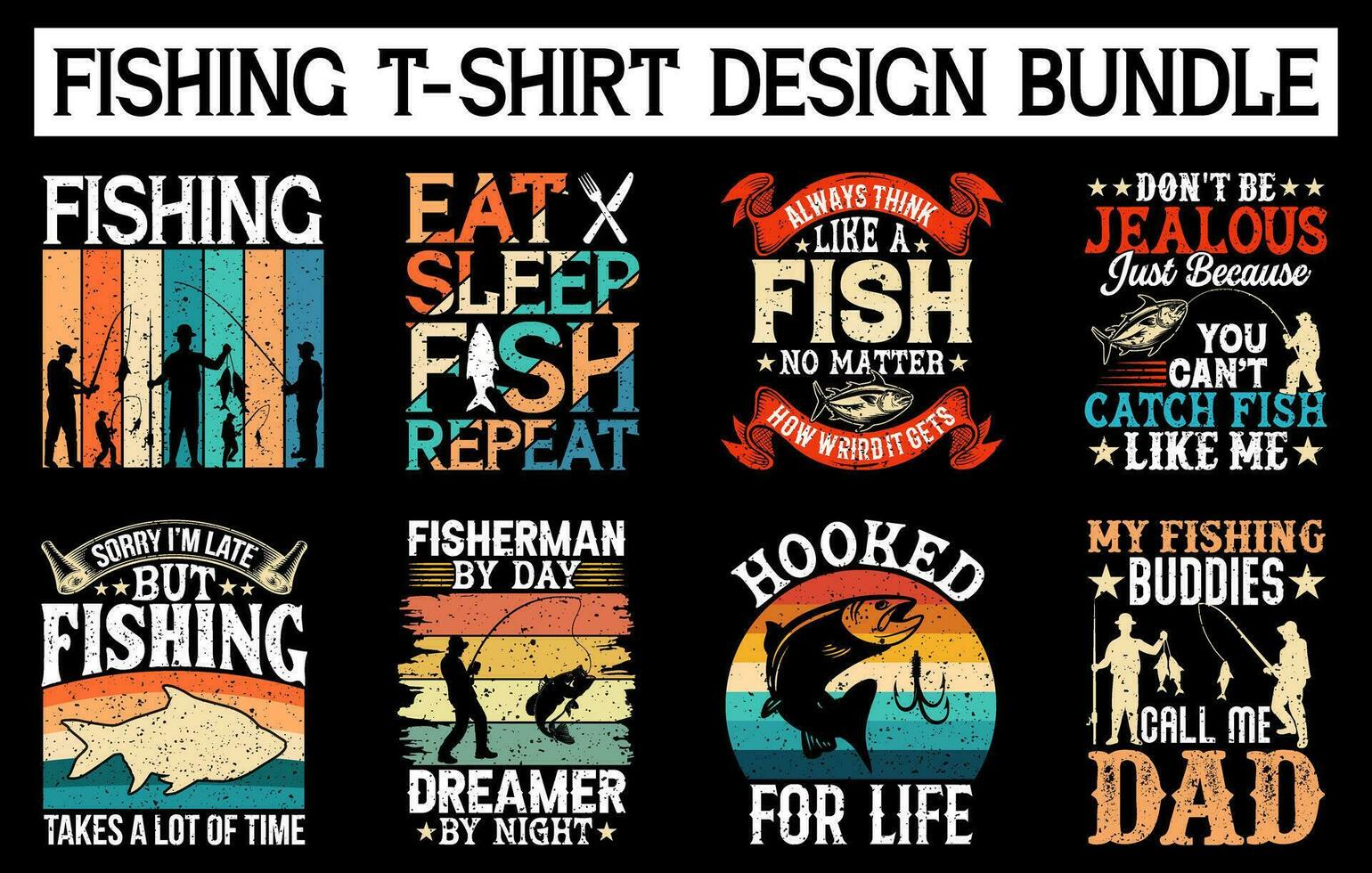 Fishing vintage t shirt design bundle, vintage fishing t shirt set graphic illustration vector