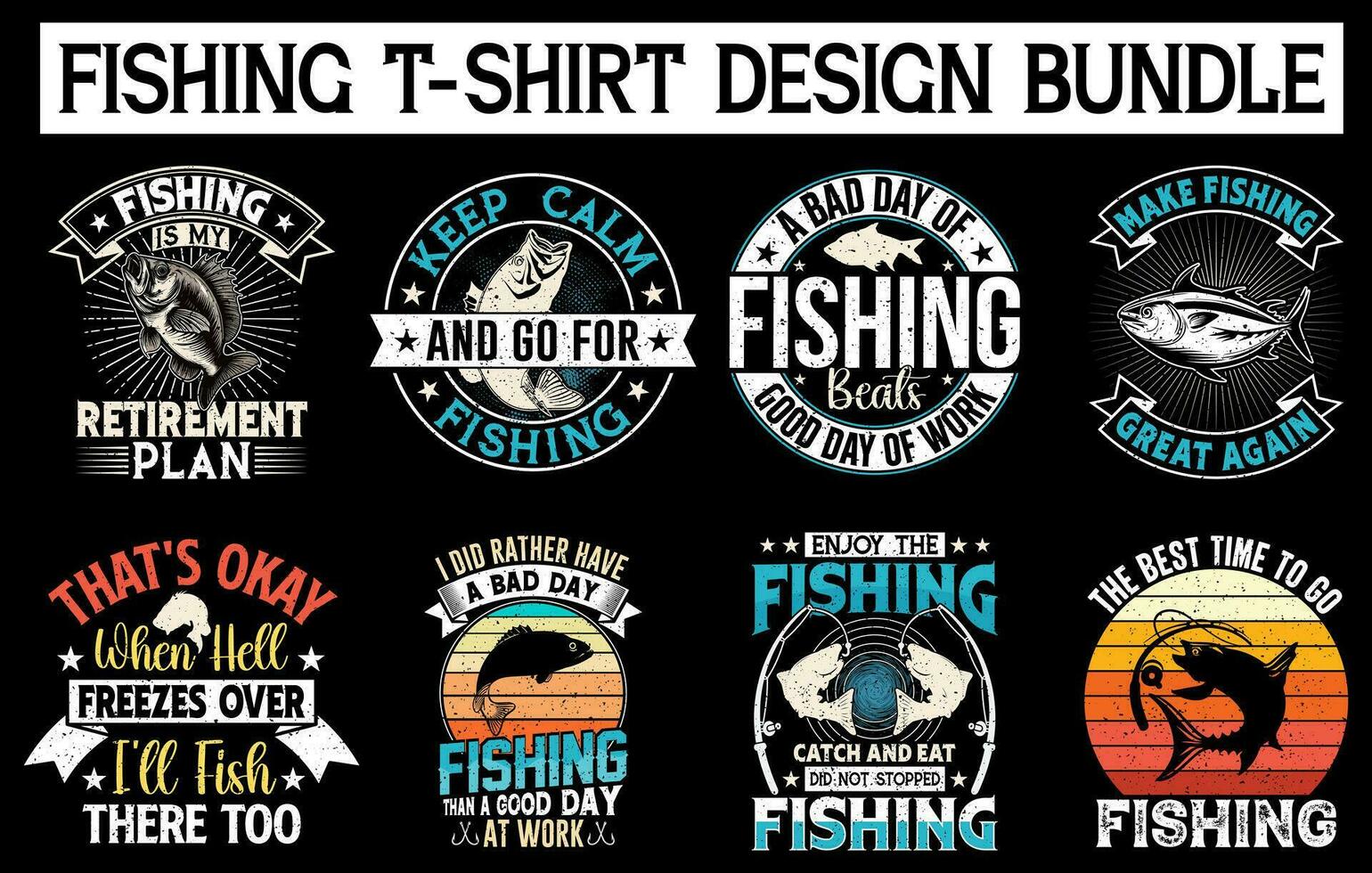 Fishing vintage t shirt design bundle, vintage fishing t shirt set graphic illustration vector