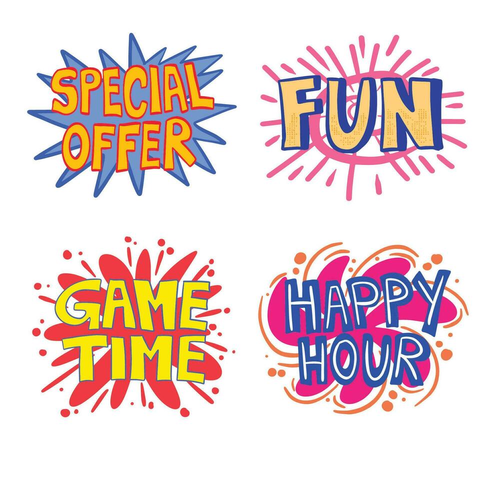 Comic Handlettering art 4 Sets ,good for graphic design resources, posters, pamflets, stickers, prints, books title, and more. vector