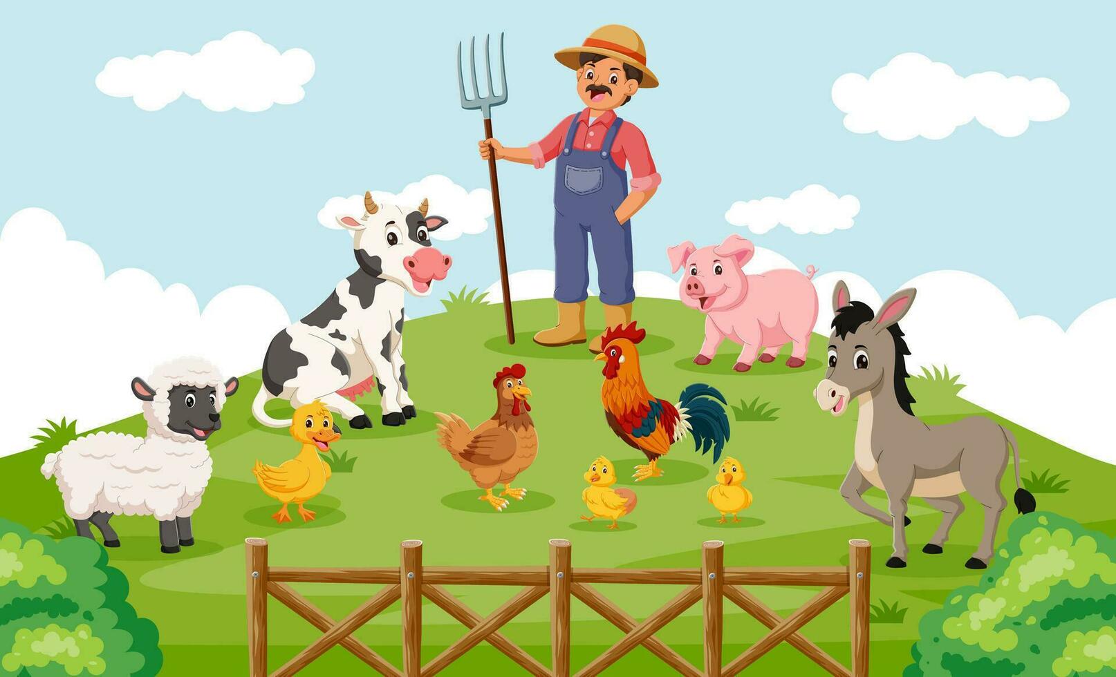 granja escena con dibujos animados animales vector ilustración