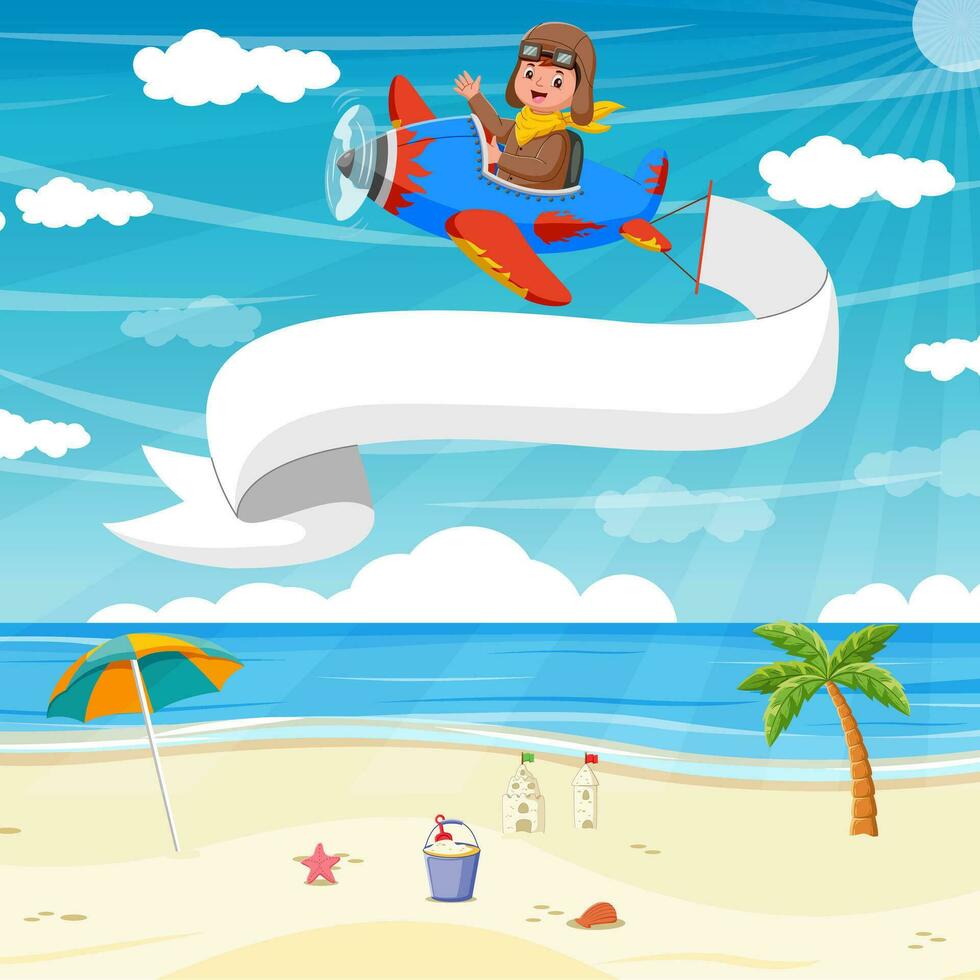 niño volador avión con bandera. vector ilustración