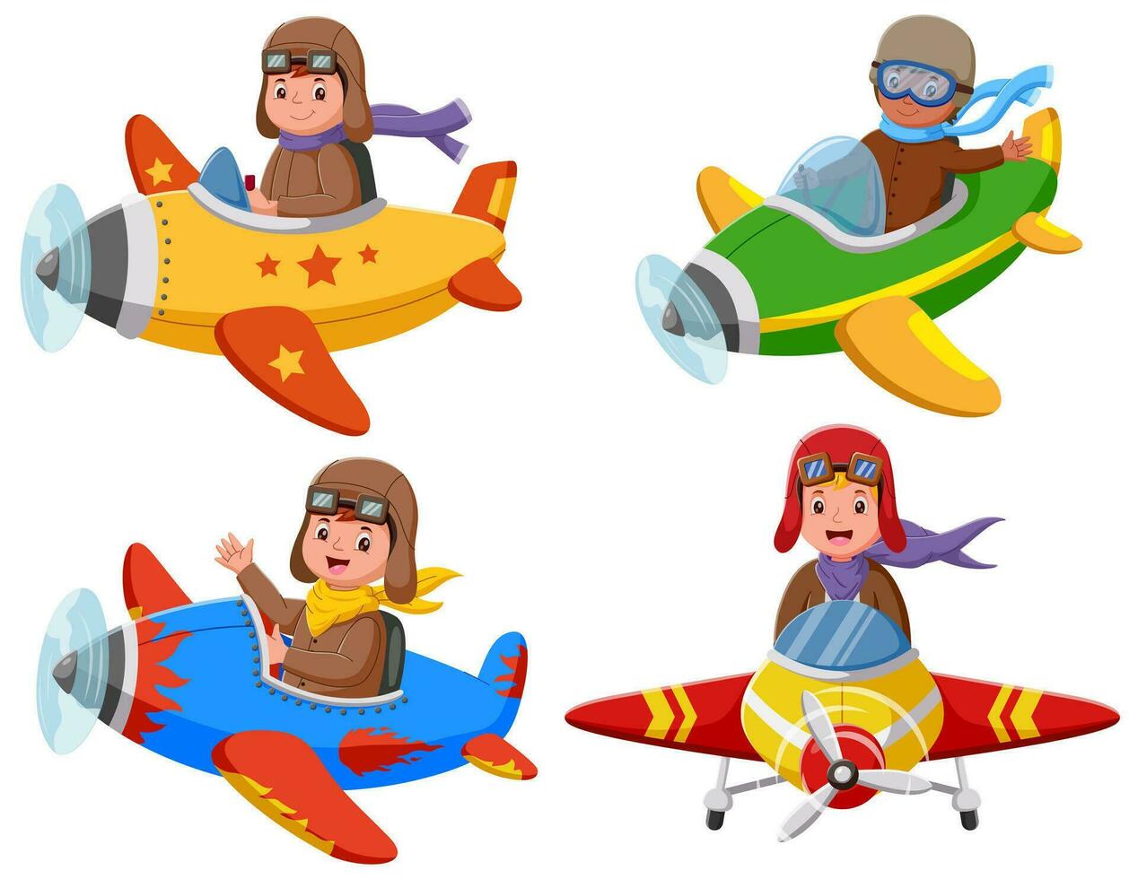 Cartoon kid operating Plane collection set. Vector illustration