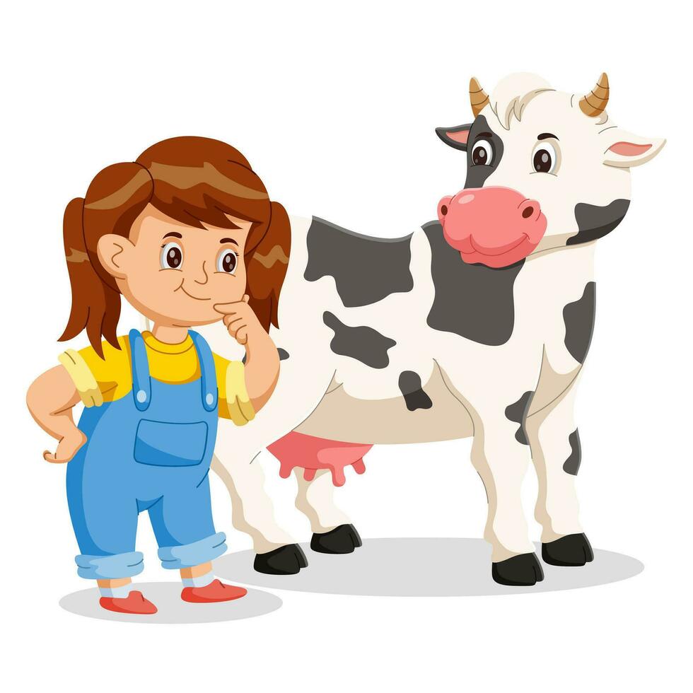 Cartoon Kid girl With Cow. Vector illustration