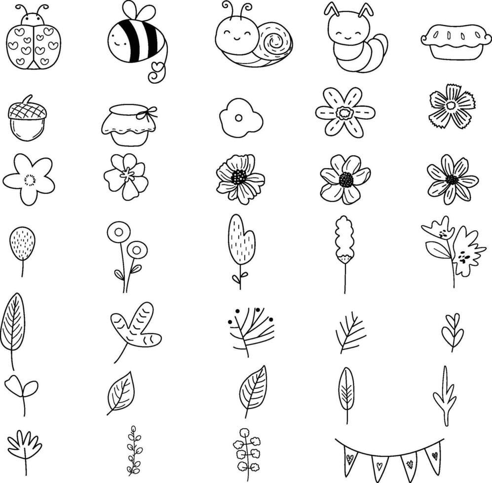 Flower leaf animal big set, doodle hand drawn outline style vector