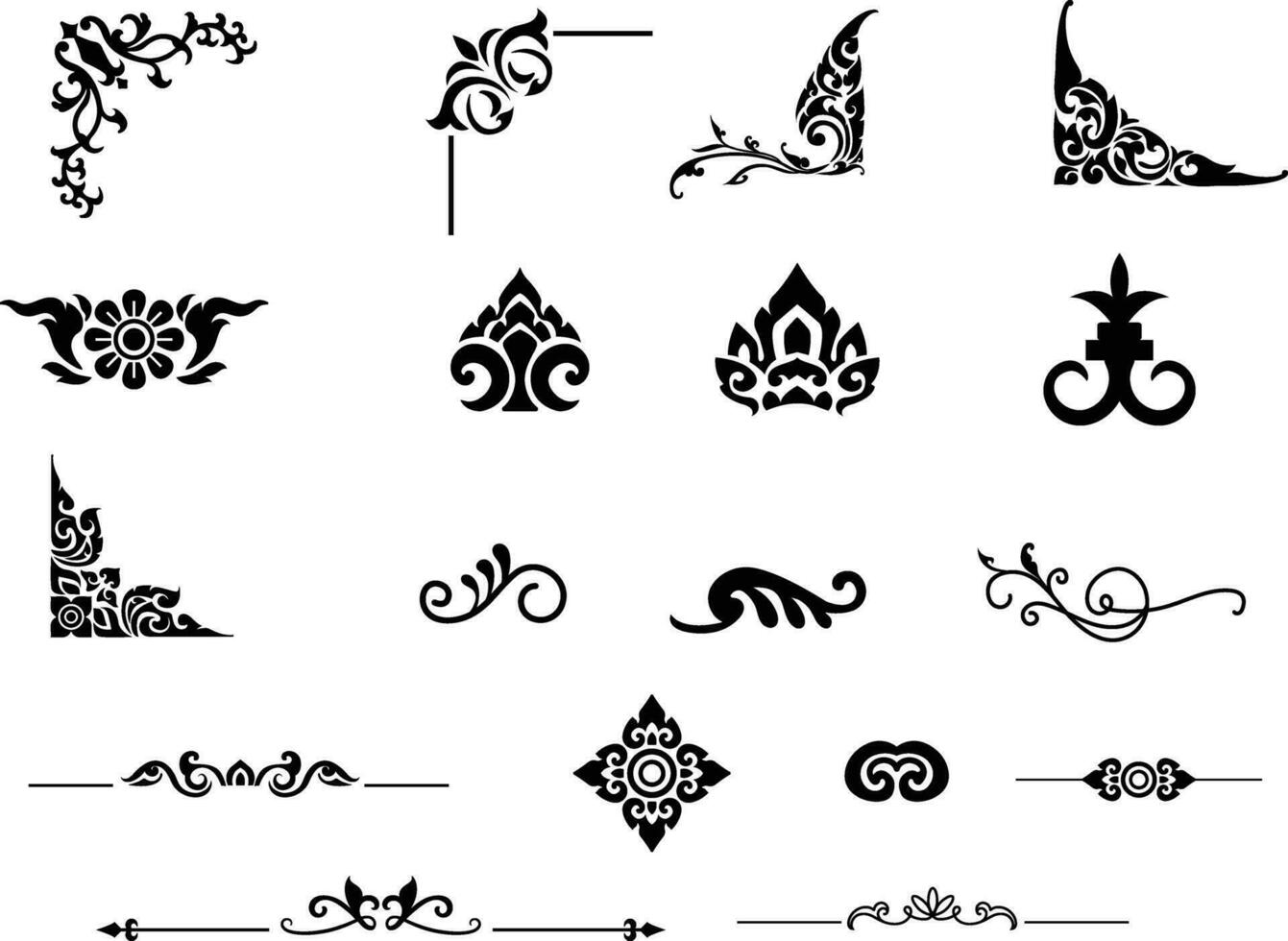 Set vintage frame corners design elements. frames, calligraphic, swirls divider, thai pattern, ornate, award, arrows. Vintage line decoration frames collection. Vector illustration