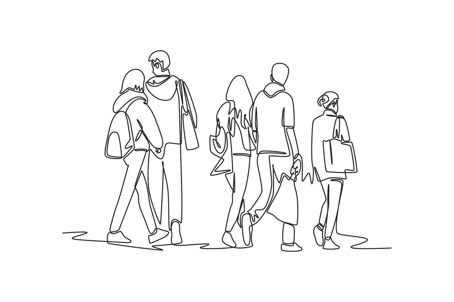 Continuous one line drawing concept of a crowd of happy people outdoors. Single line draw design vector graphic illustration.