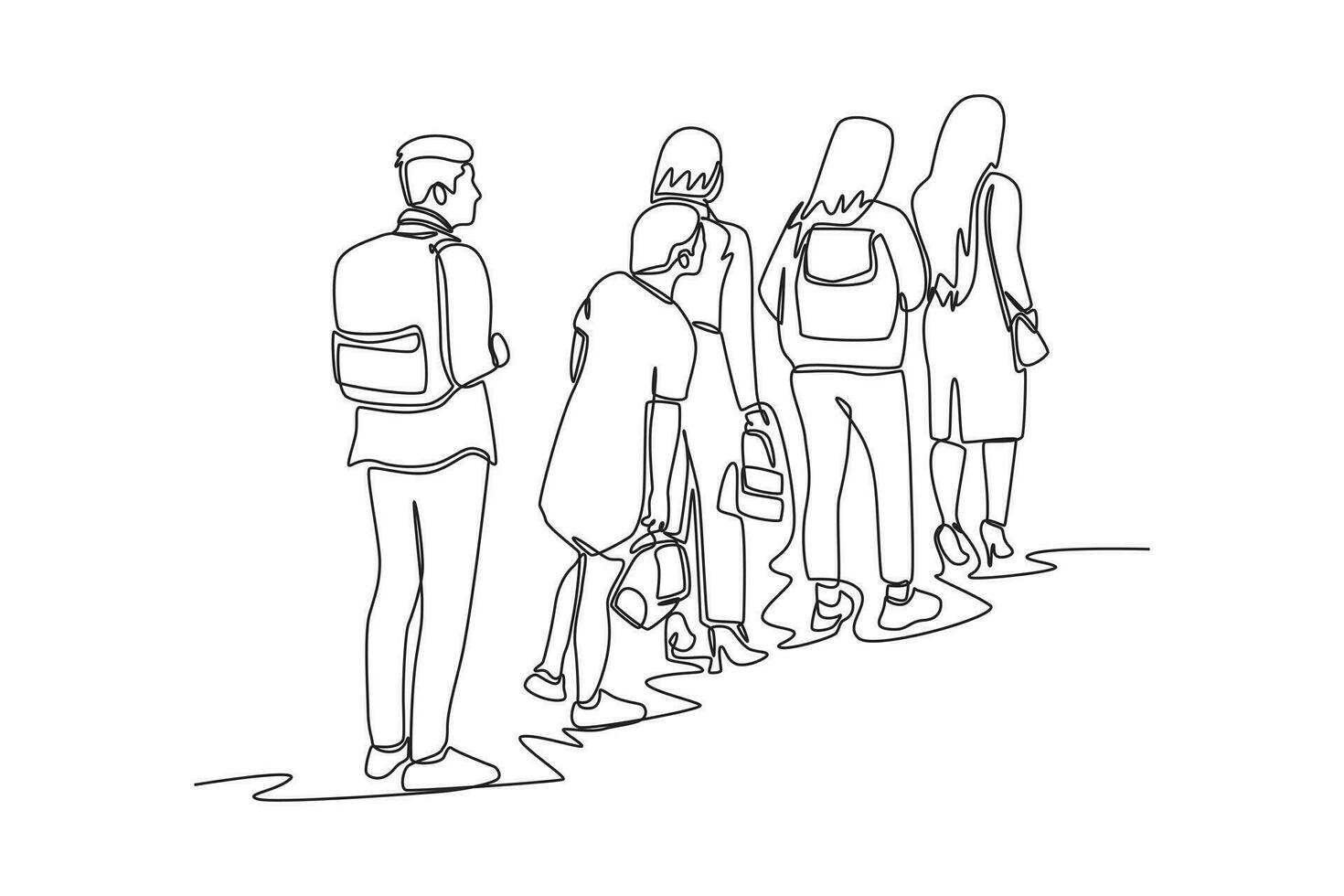 Continuous one line drawing concept of a crowd of happy people outdoors. Single line draw design vector graphic illustration.