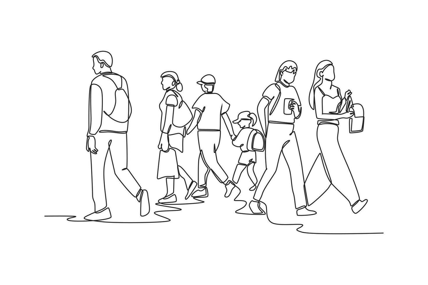 Continuous one line drawing concept of a crowd of happy people outdoors. Single line draw design vector graphic illustration.