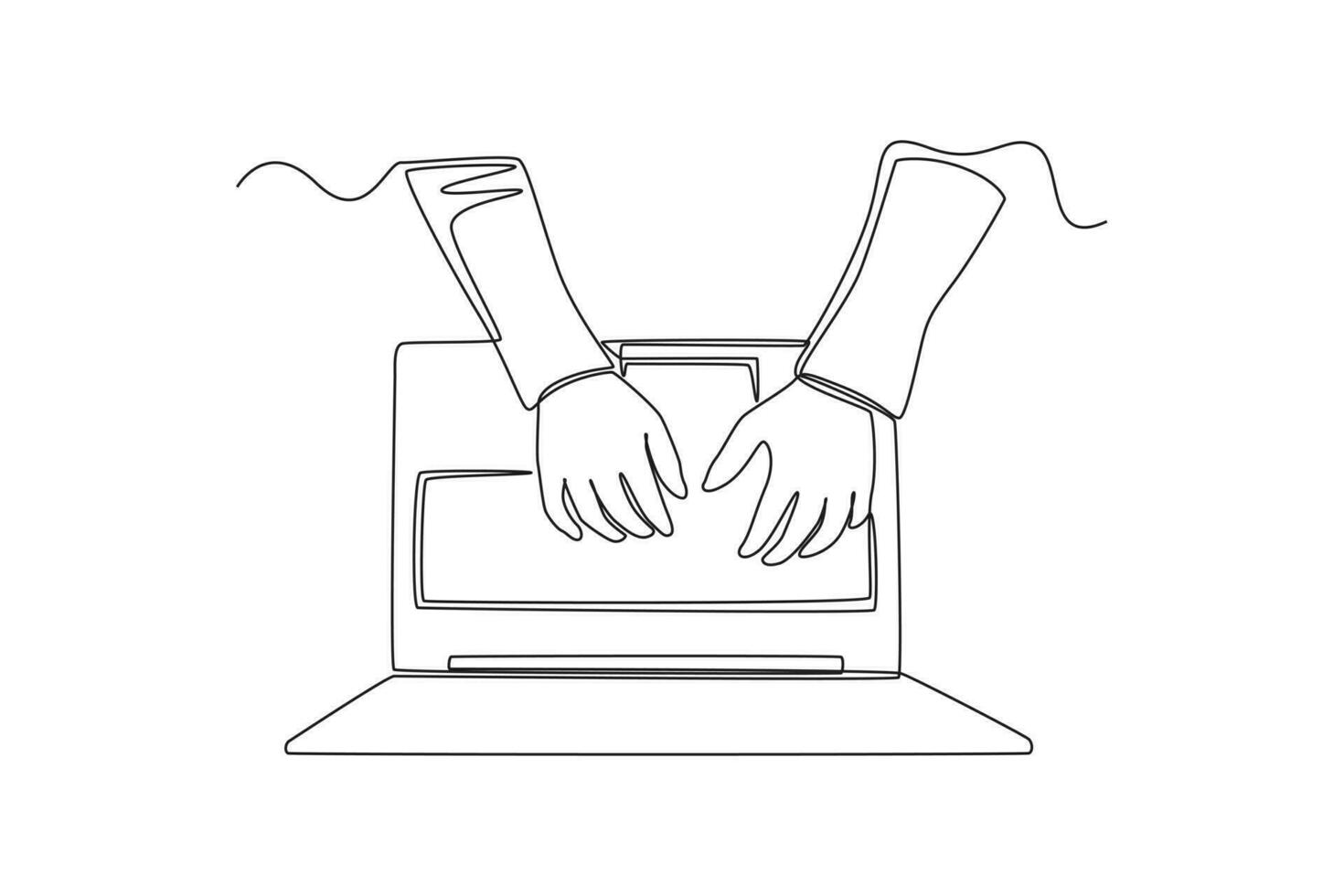 Continuous one line drawing top view hand typing on laptop. Single line draw design vector graphic illustration.