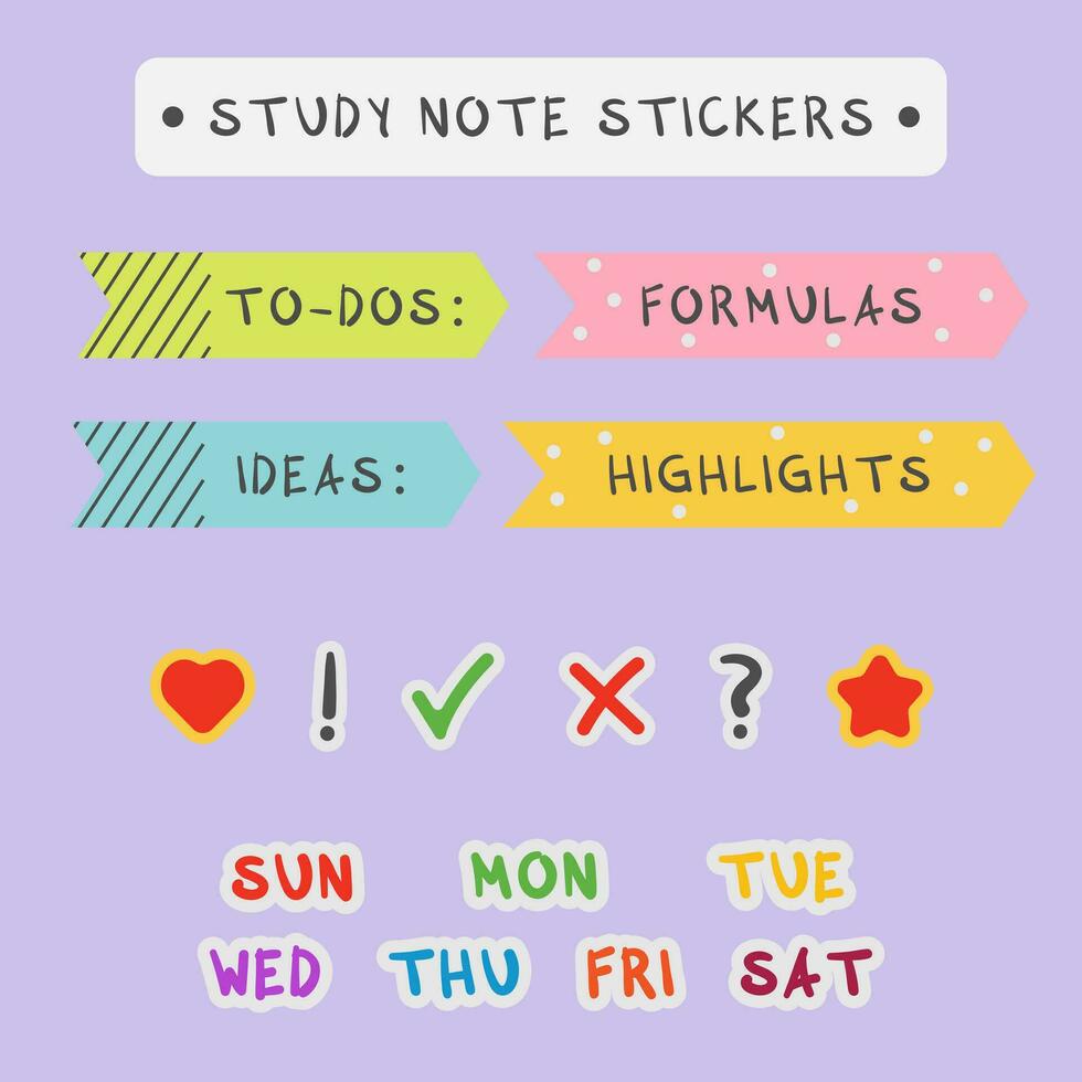 Cute study stickers template. Collection of colorful stickers for study, note taking. Study process, concept. Minimal study stickers. Pro sticker pack. vector