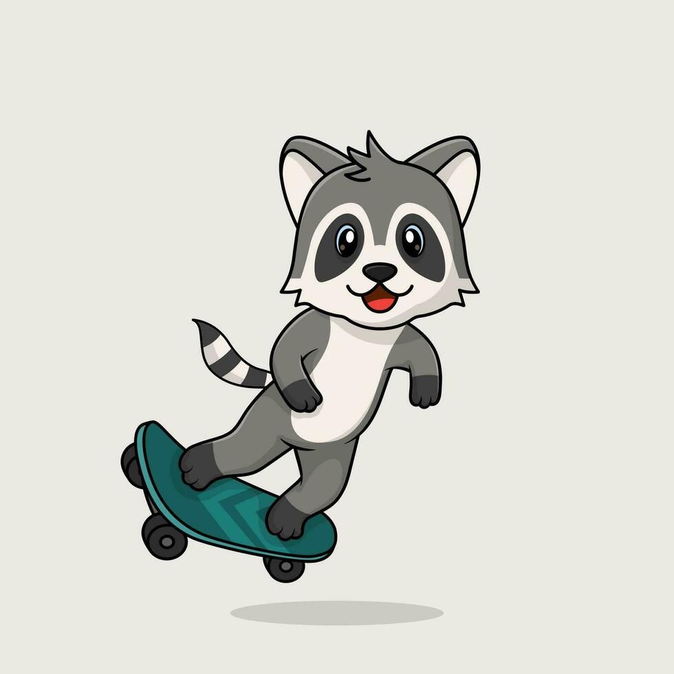 Vector cute baby racoon cartoon playing skateboard icon flat illustration.