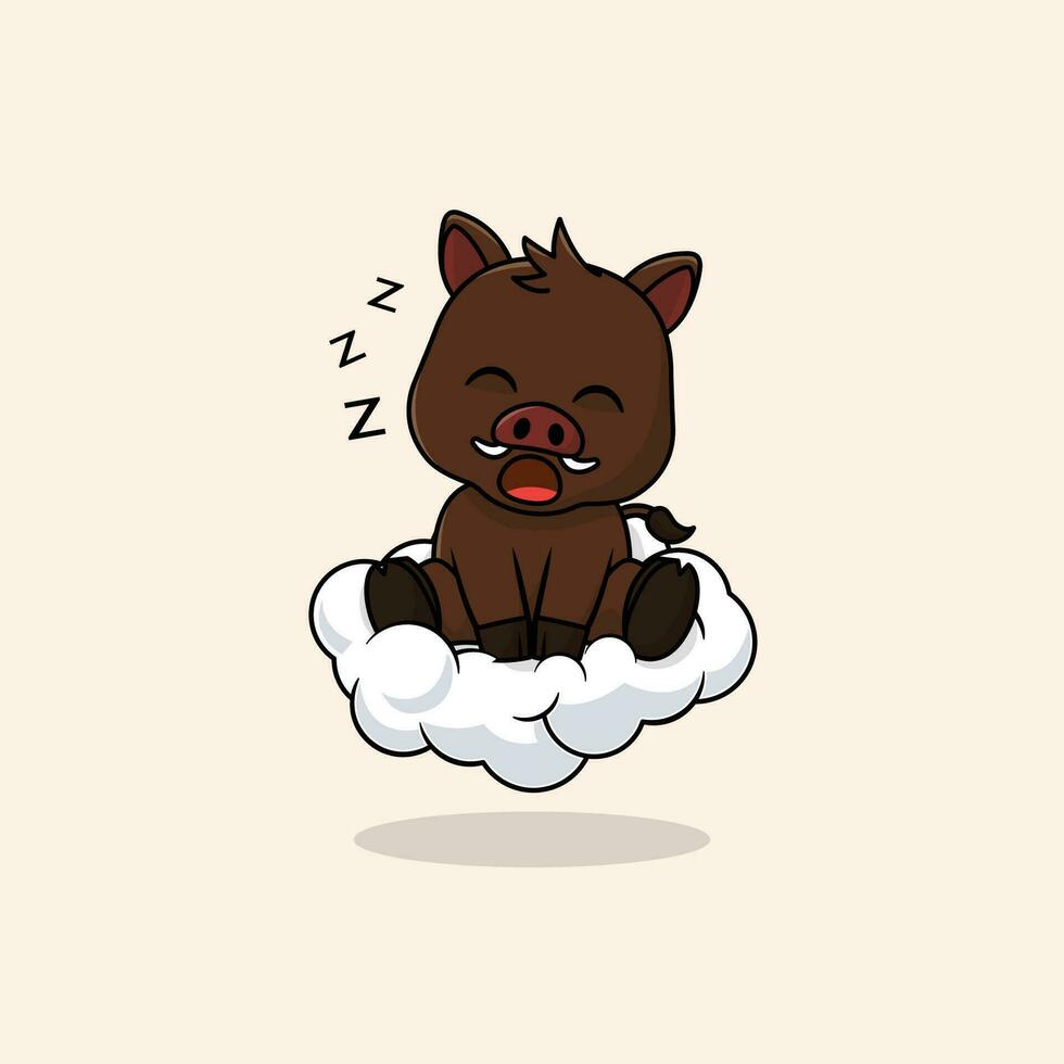 Vector cute baby boar cartoon sleeping on the cloud icon illustration.