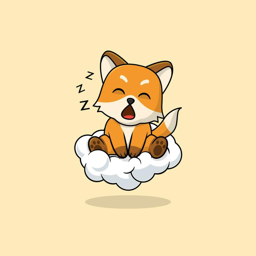 Vector cute baby fox cartoon sleeping on the cloud icon illustration.