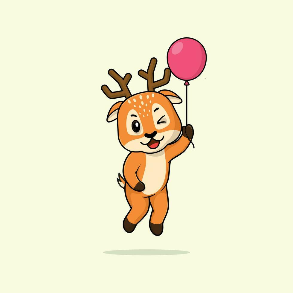 Vector cute baby deer cartoon floating holding ballon icon illustration.