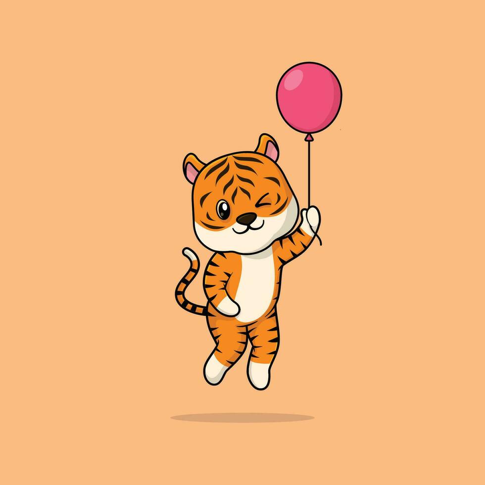 Vector cute baby tiger cartoon floating holding ballon icon illustration.