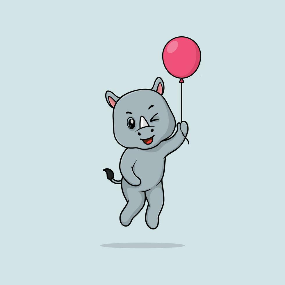 Vector cute baby rhino cartoon floating holding ballon icon illustration.