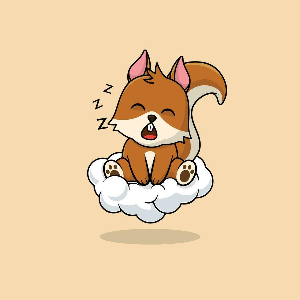 Vector cute baby squirrel cartoon sleeping on the cloud icon illustration.