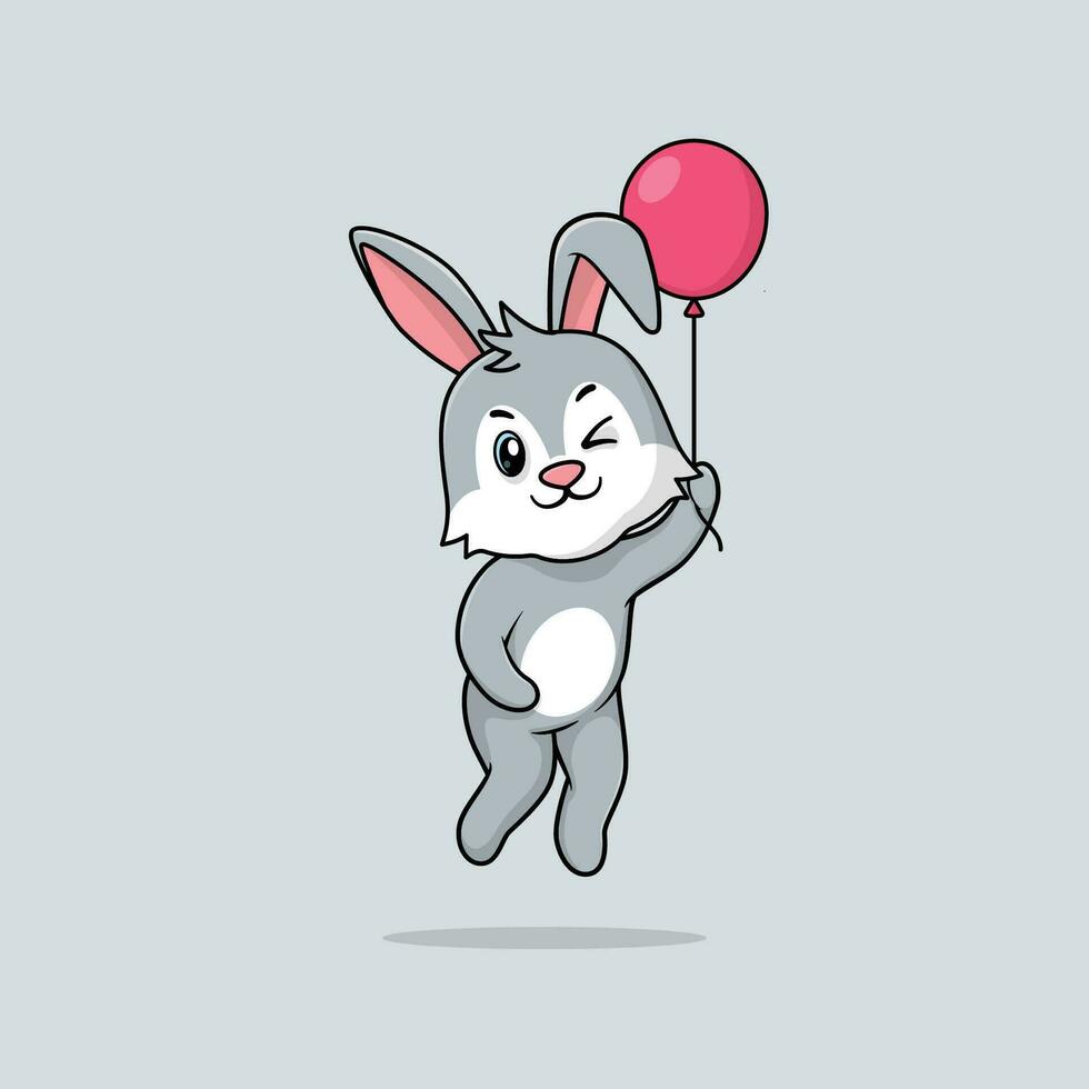 Vector cute baby rabbit cartoon floating holding ballon icon illustration.