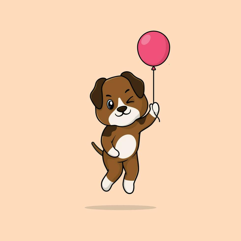 Vector cute baby dog cartoon floating holding ballon icon illustration.