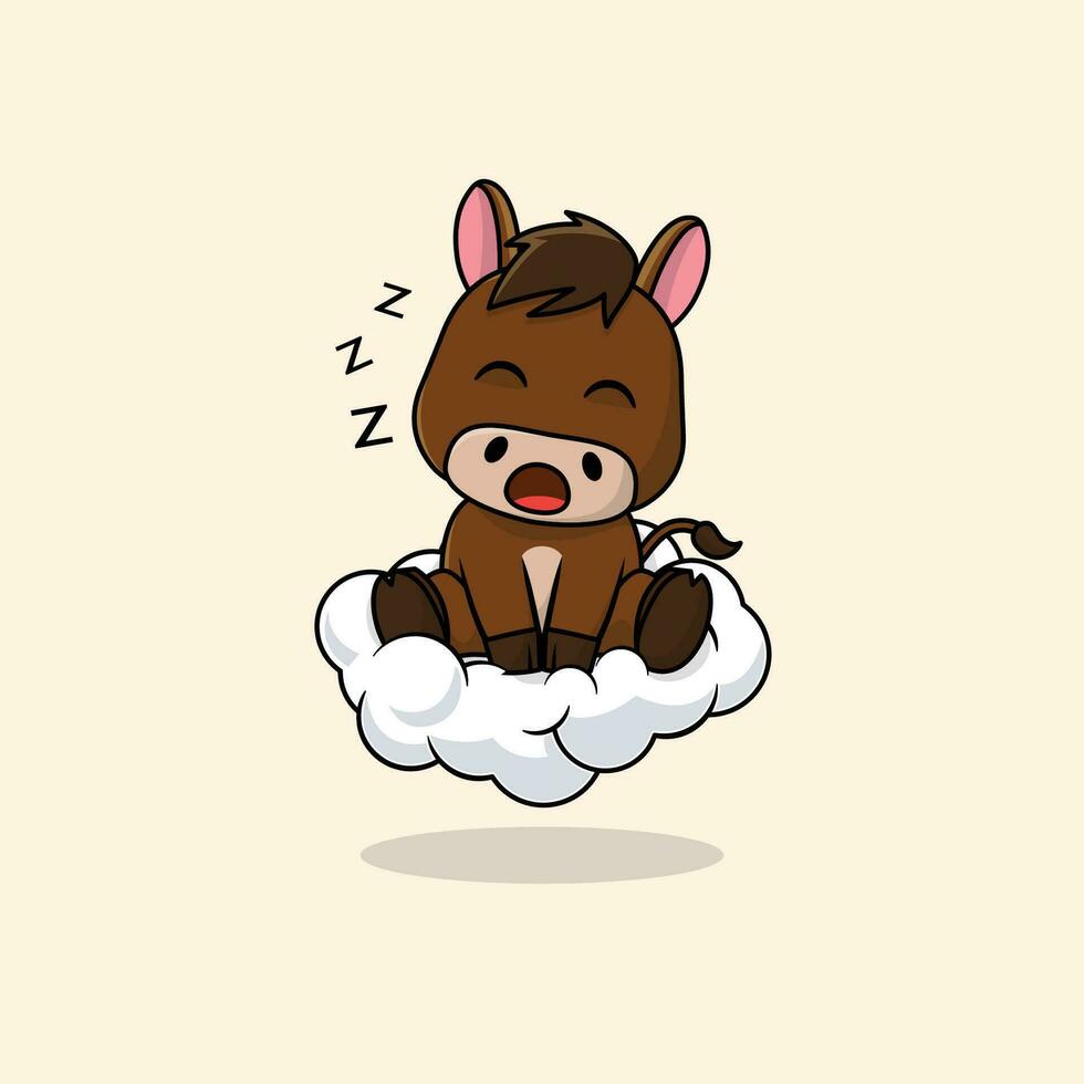 Vector cute baby horse cartoon sleeping on the cloud icon illustration.