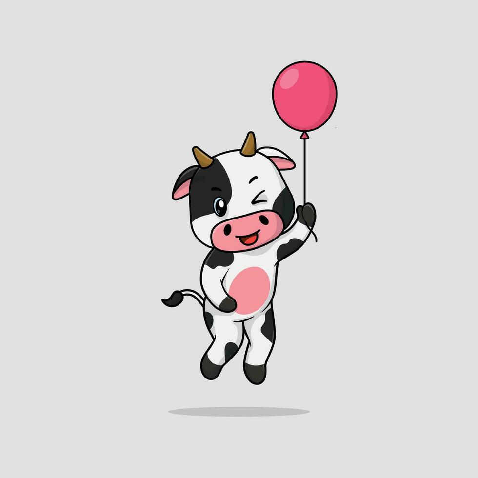 Vector cute baby cow cartoon floating holding ballon icon illustration.