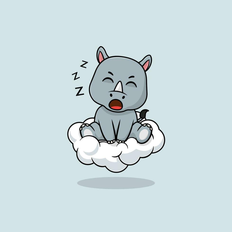 Vector cute baby rhino cartoon sleeping on the cloud icon illustration.