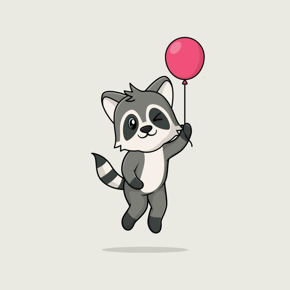 Vector cute baby racoon cartoon floating holding ballon icon illustration.