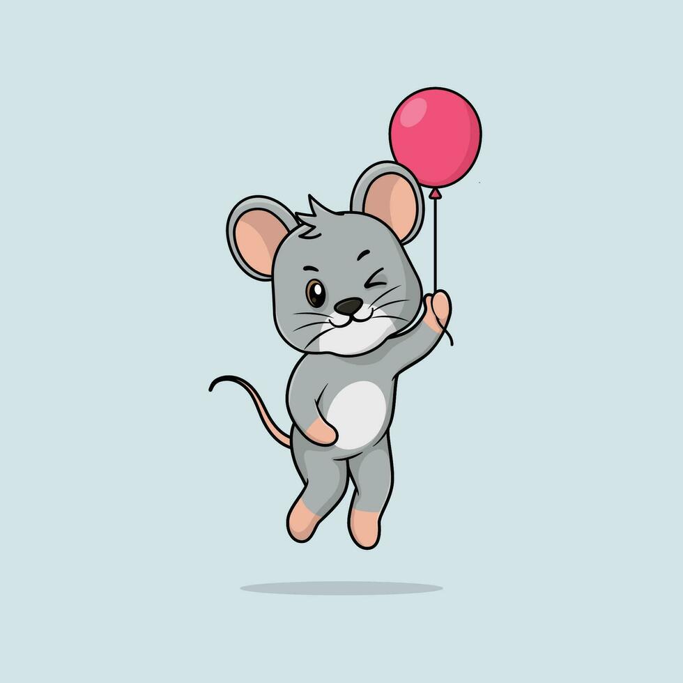 Vector cute baby mousse cartoon floating holding ballon icon illustration.