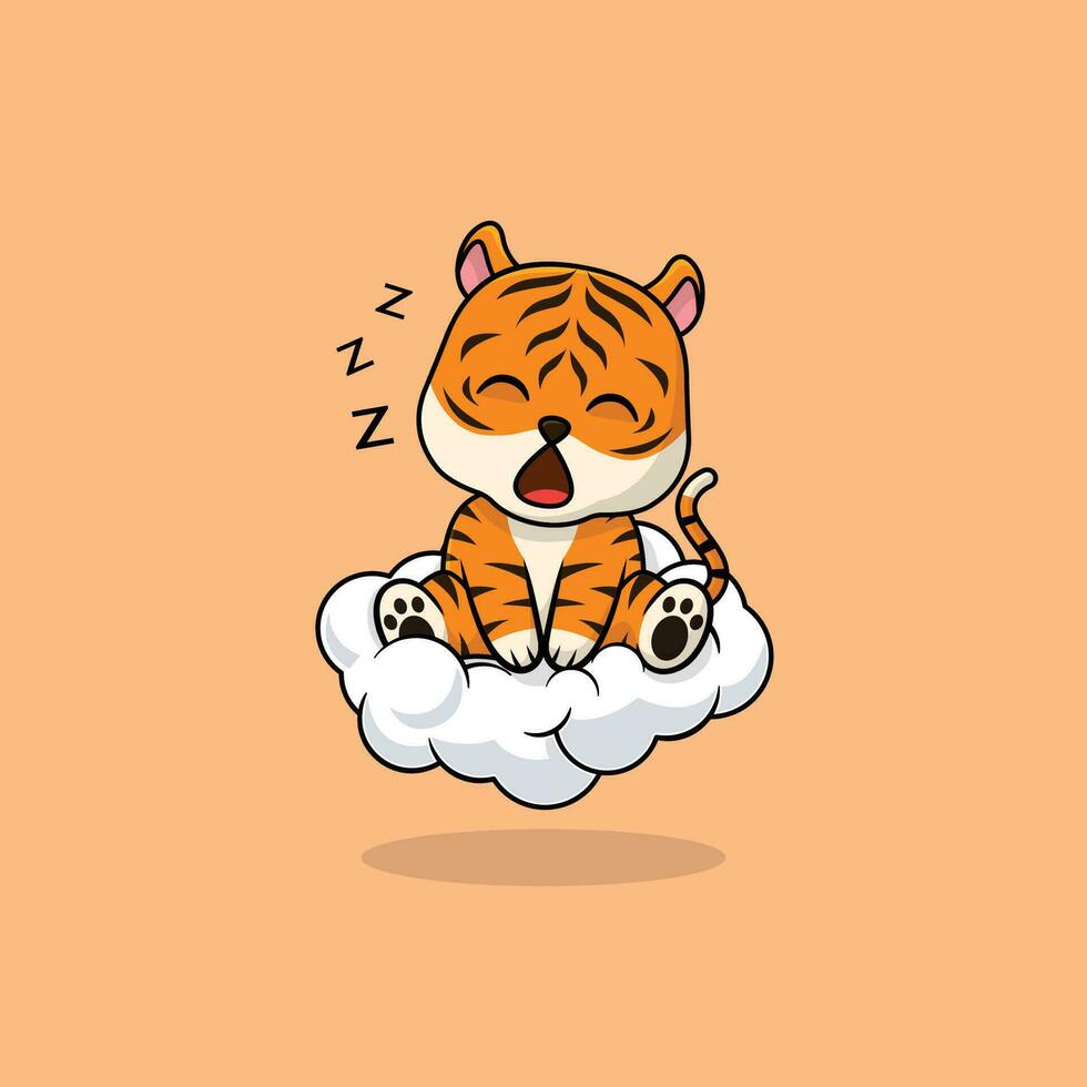 Vector cute baby tiger cartoon sleeping on the cloud icon illustration.