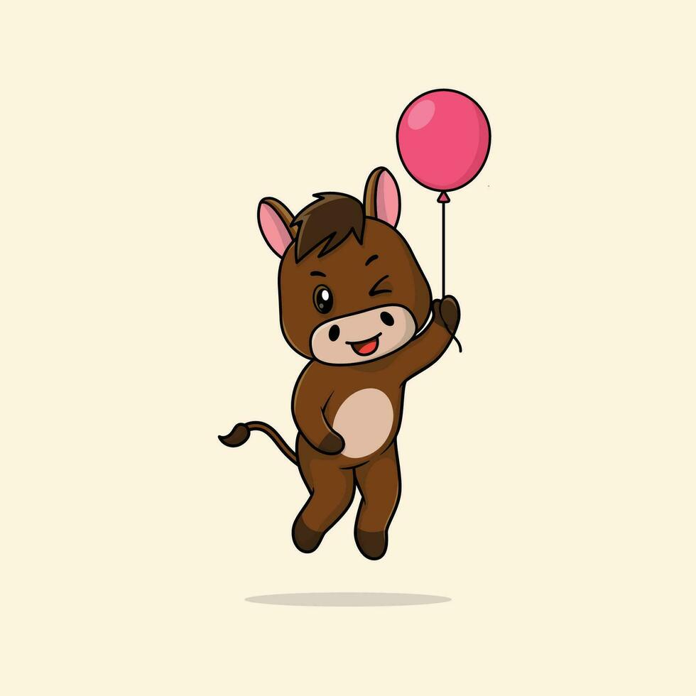 Vector cute baby farm cartoon floating holding ballon icon illustration.