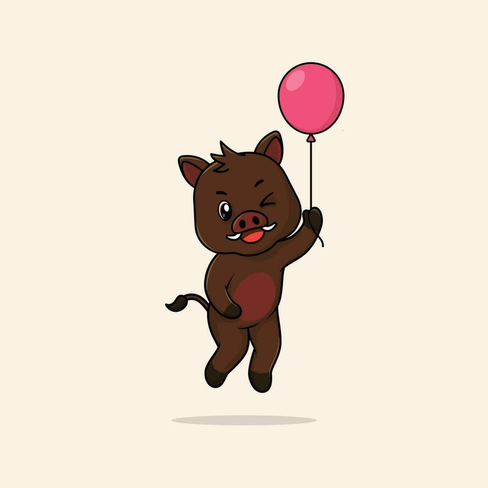 Vector cute baby boar cartoon floating holding ballon icon illustration.