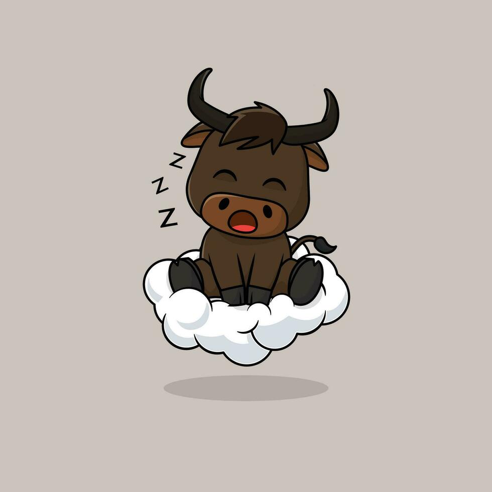 Vector cute baby bull cartoon sleeping on the cloud icon illustration.