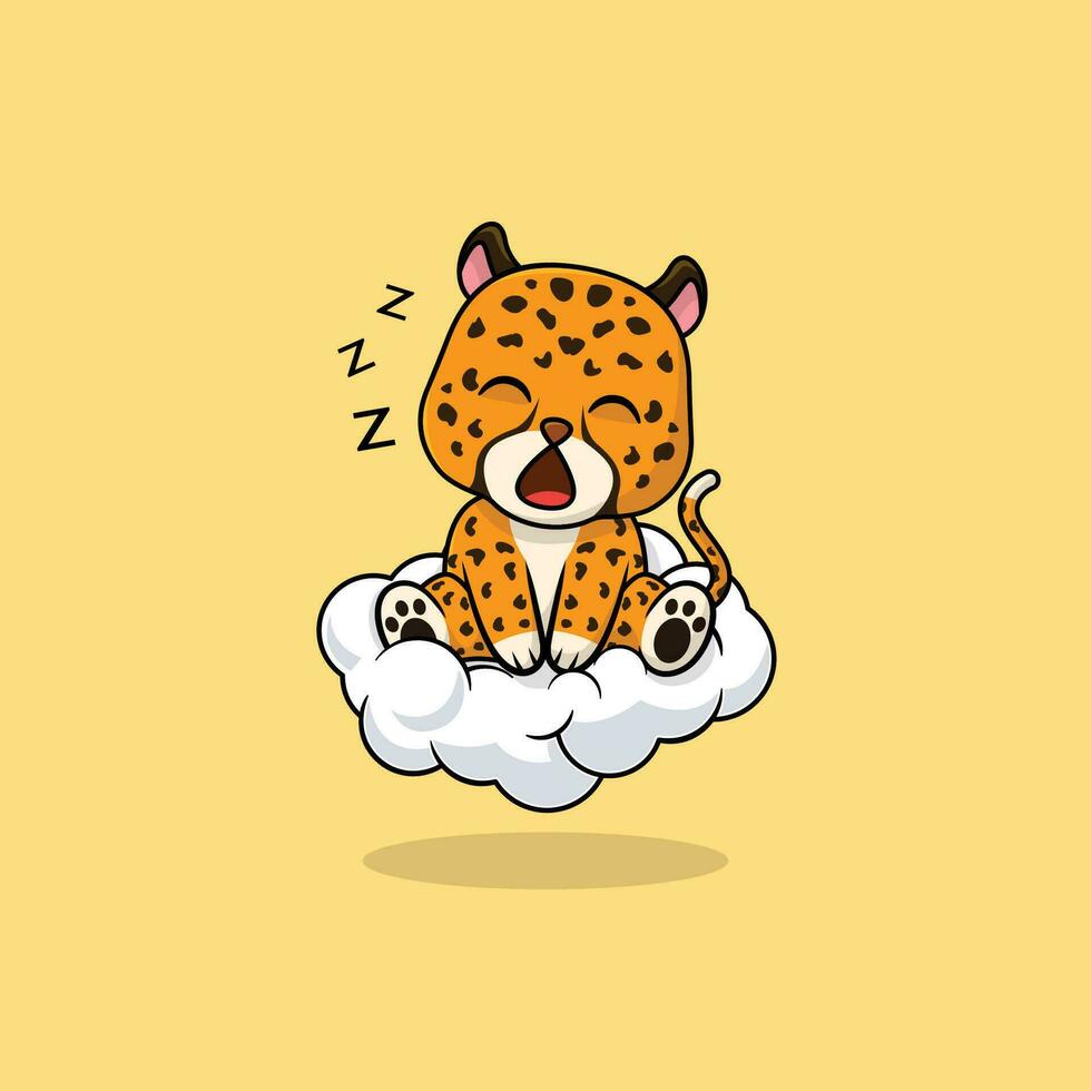 Vector cute baby cheetah cartoon sleeping on the cloud icon illustration.