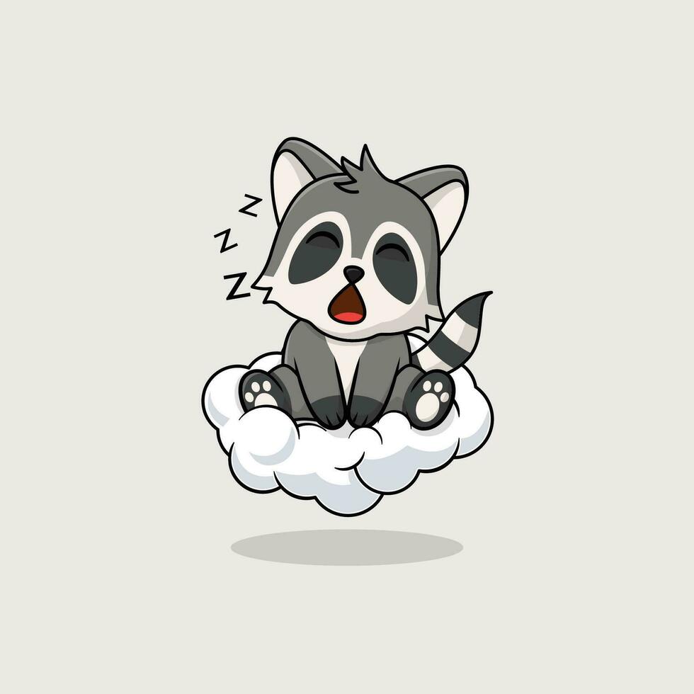 Vector cute baby racoon cartoon sleeping on the cloud icon illustration.