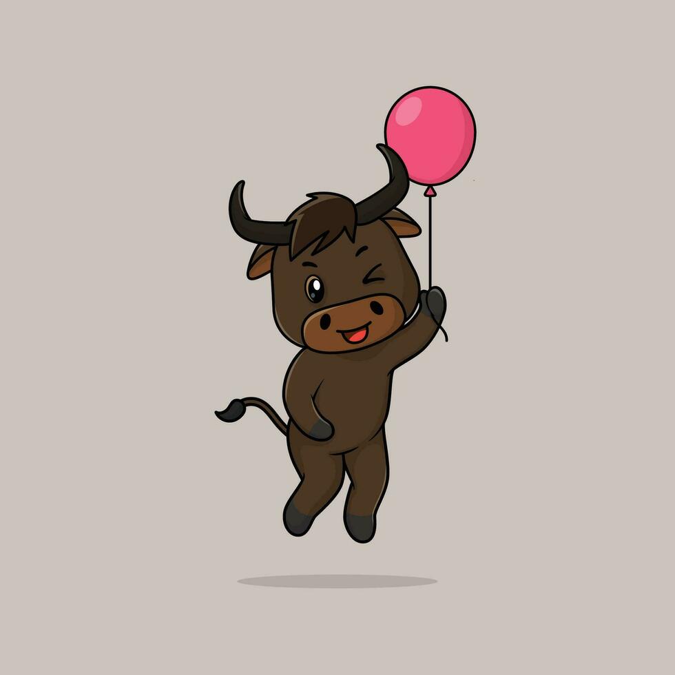 Vector cute baby bull cartoon floating holding ballon icon illustration.