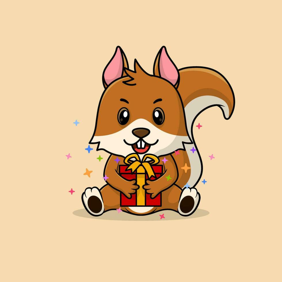 Vector cute baby squirrel cartoon happy holding gift flat icon illustration.