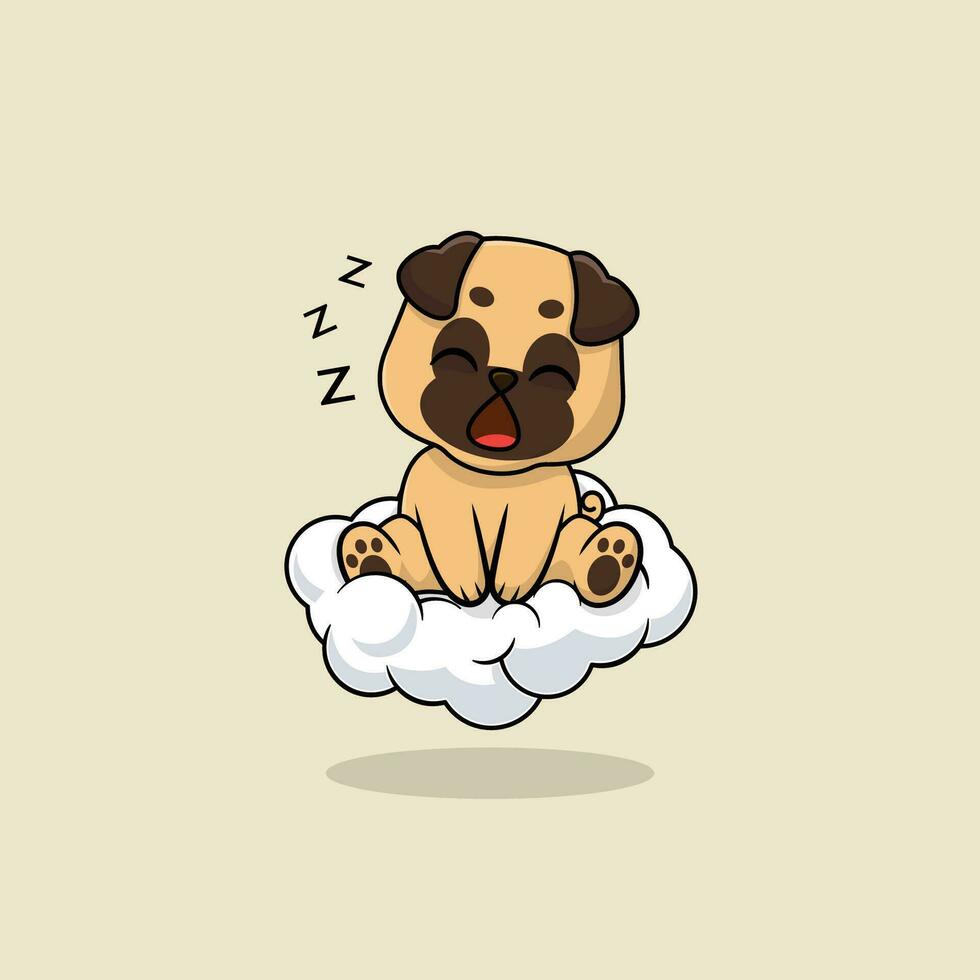 Vector cute baby pug dog cartoon sleeping on the cloud icon illustration.