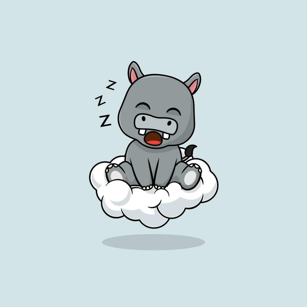 Vector cute baby hippo cartoon sleeping on the cloud icon illustration.