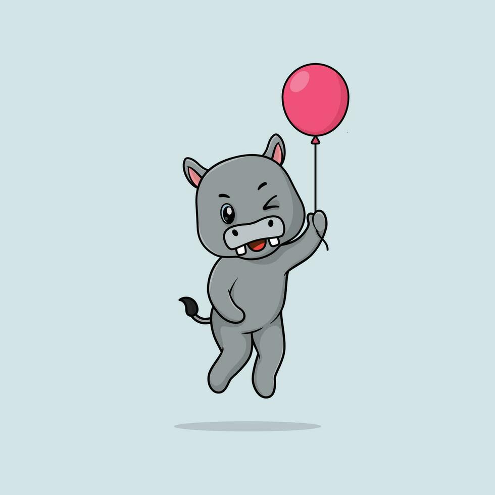 Vector cute baby hippo cartoon floating holding ballon icon illustration.