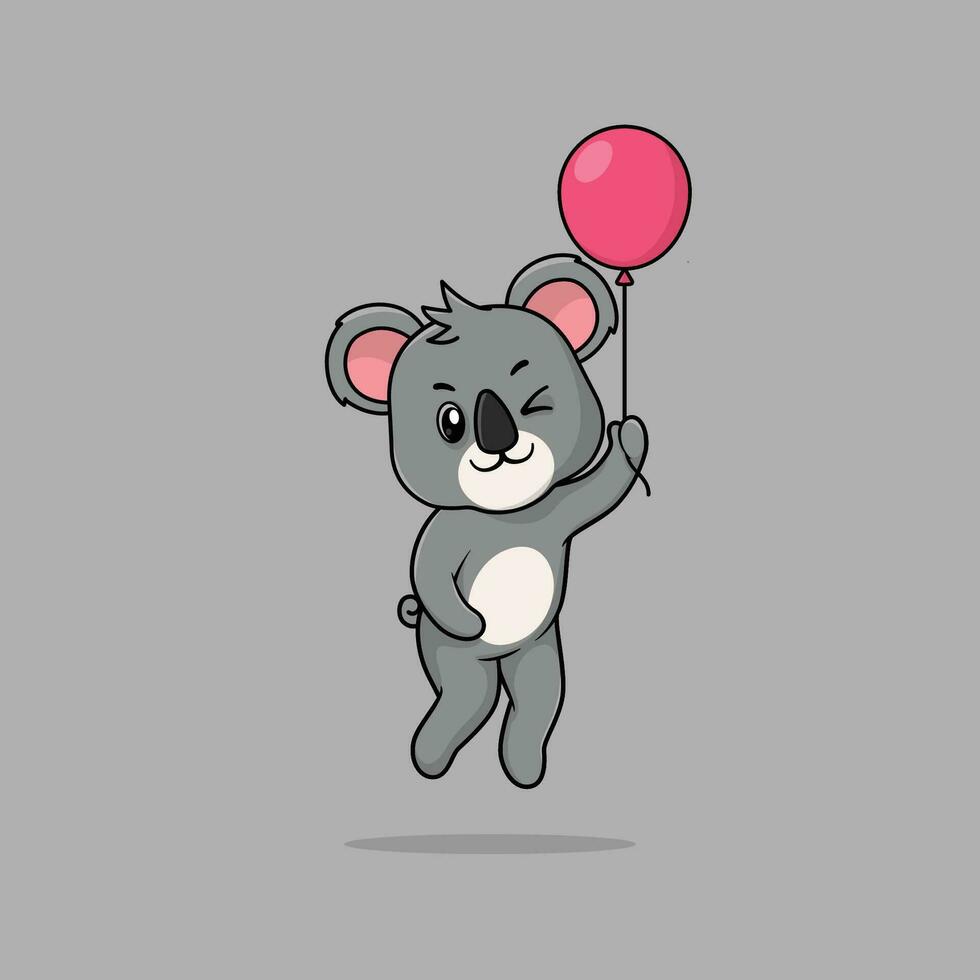 Vector cute baby koala cartoon floating holding ballon icon illustration.