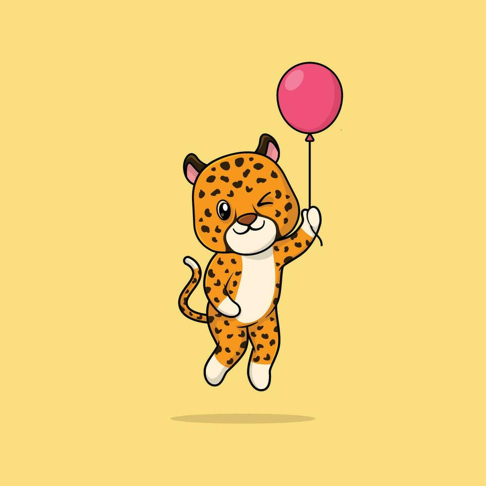 Vector cute baby cheetah cartoon floating holding ballon icon illustration.