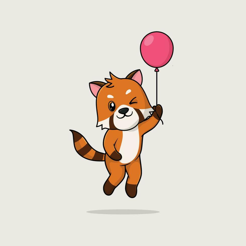 Vector cute baby red panda cartoon floating holding ballon icon illustration.