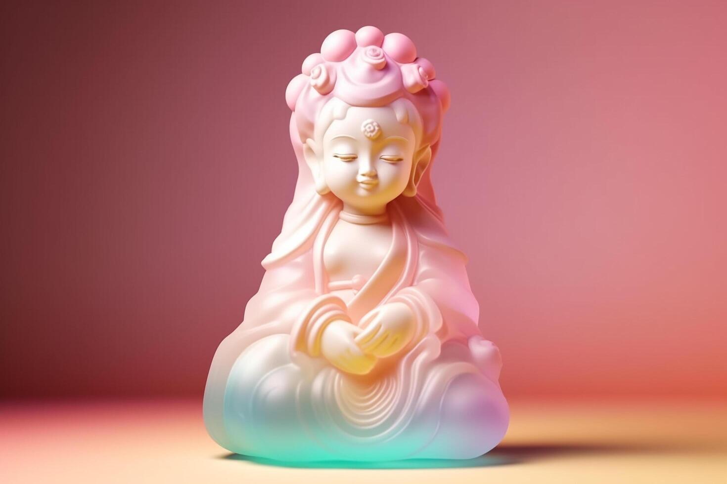 A pink buddha statue with the word buddha on the front. photo