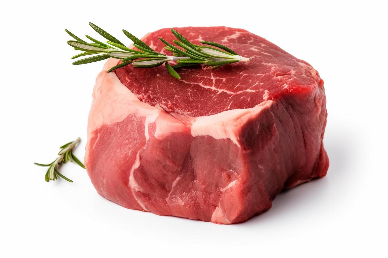 A piece of meat with a sprig of rosemary on it, photo