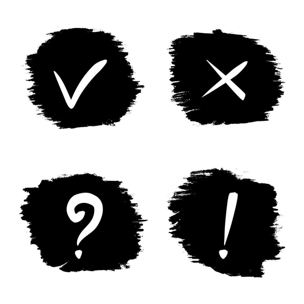 Black Distress Brush. Grunge texture. Splash Banner. checklist, cross, question mark and exclamation mark. vector illustration.